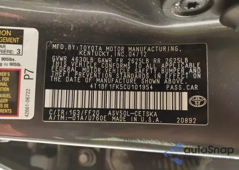 2012 Toyota Camry Se from USA, damaged, VIN 4T1BF1FK5CU101954